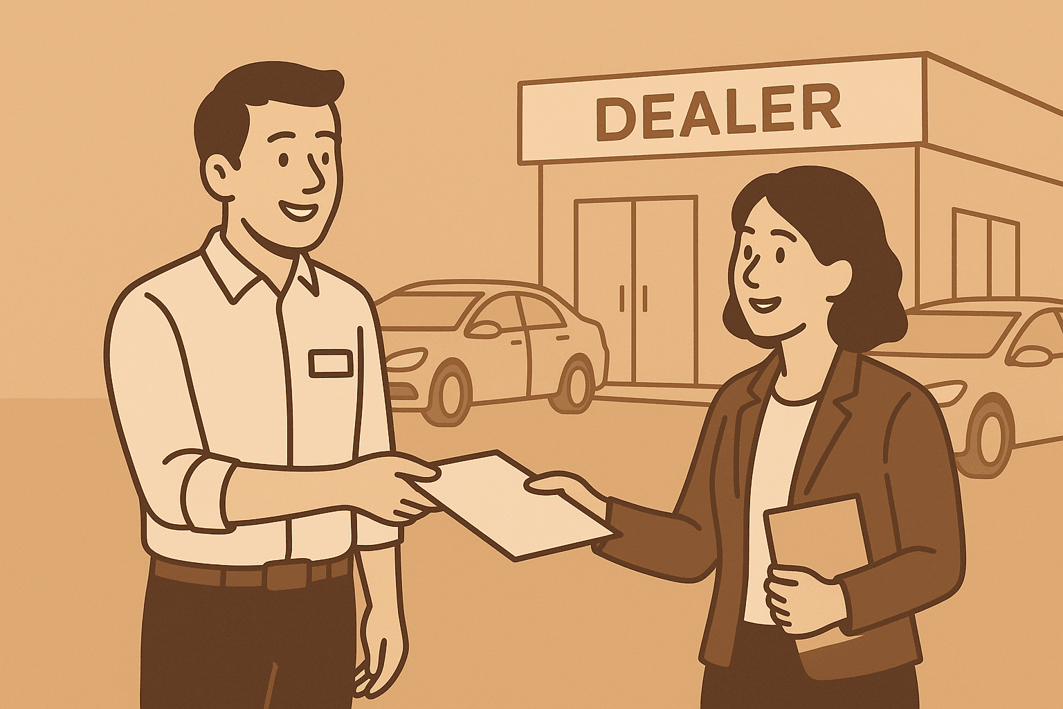 A smiling car dealer hands a document to a business representative outside a dealership building labeled “DEALER,” with cars parked nearby under a warm beige sky, symbolizing partnership and dealer sign-up for auto finance services.
