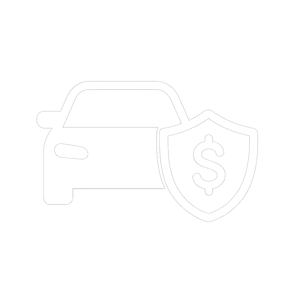 White vector icon featuring a car beside a shield with a dollar sign, symbolizing auto financing, protection, and financial security — displayed on a transparent background in a clean, minimal outlined style.