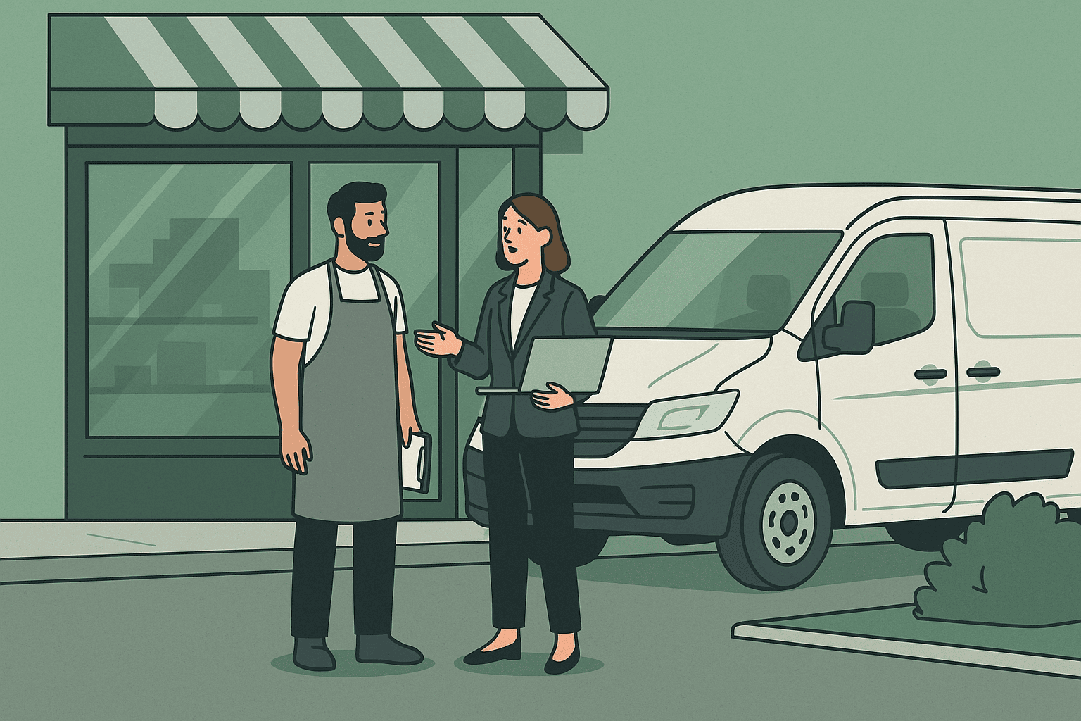 A small business owner wearing an apron talks with a financial representative holding a laptop outside a storefront with a green-and-white awning, as a white company van is parked nearby, symbolizing partnership and support through business lending.