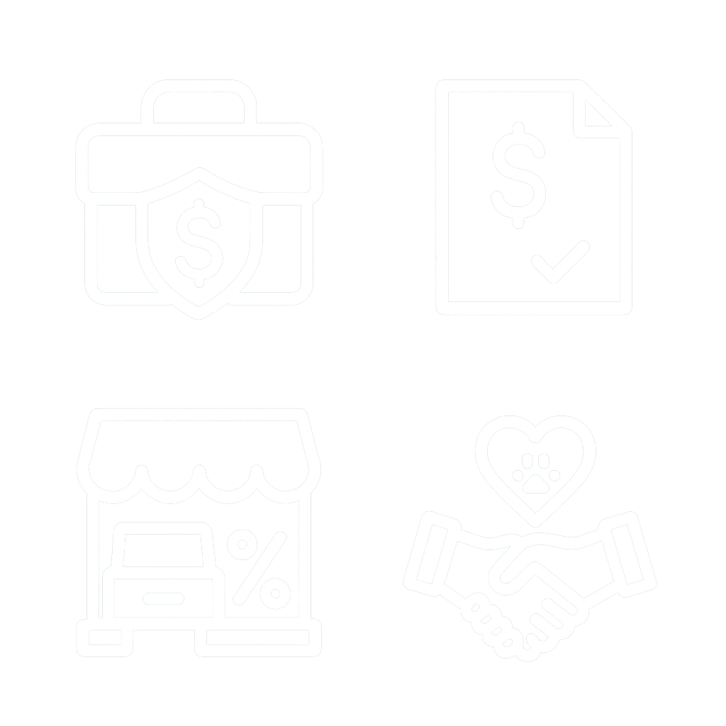 White vector icons representing the RMO Auto Finance Business Lending page arranged in a 2x2 grid — a briefcase with a dollar sign for business funding, a document with a checkmark for loan approval, a storefront with a percentage symbol for commercial lending, and a handshake for partnership and trust — displayed on a transparent background in a clean, minimal outlined style.