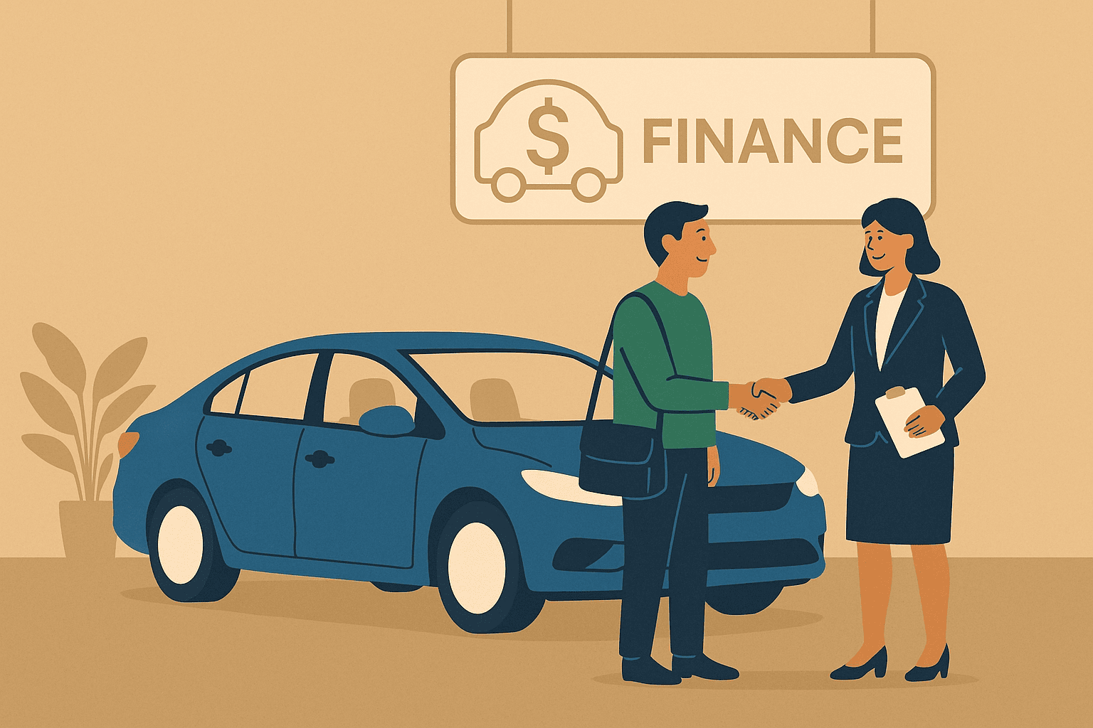 A smiling car buyer in a green shirt shakes hands with a professional dealer in a navy suit beside a blue sedan in a warm beige showroom, representing personal, business, and dealer auto financing services with a welcoming, trustworthy tone.