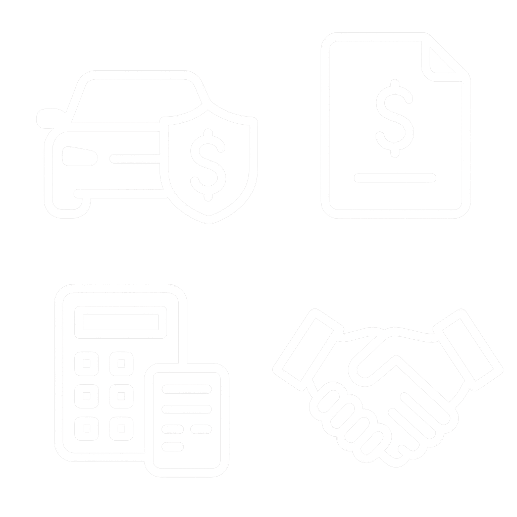 White vector icons representing the RMO Auto Finance Personal Lending page arranged in a 2x2 grid — a car with a shield and dollar sign for secured auto loans, a document with a dollar symbol for loan agreements, a calculator for financial planning, and a handshake for lending partnerships — displayed on a transparent background in a clean, minimal outlined style.