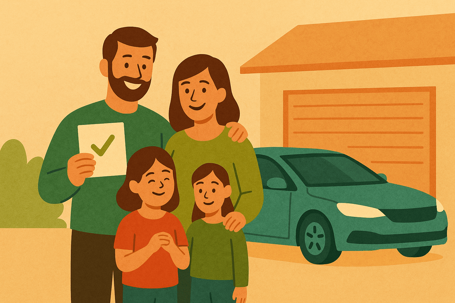 A smiling family of four stands together beside their teal car in the driveway of their home with a warm beige background, symbolizing satisfaction and pride after securing personal auto financing.