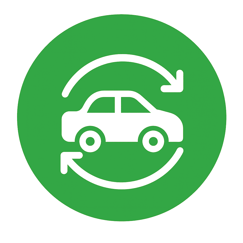White car with circular arrows inside a green circle representing vehicle refinance through RMO Auto Finance.