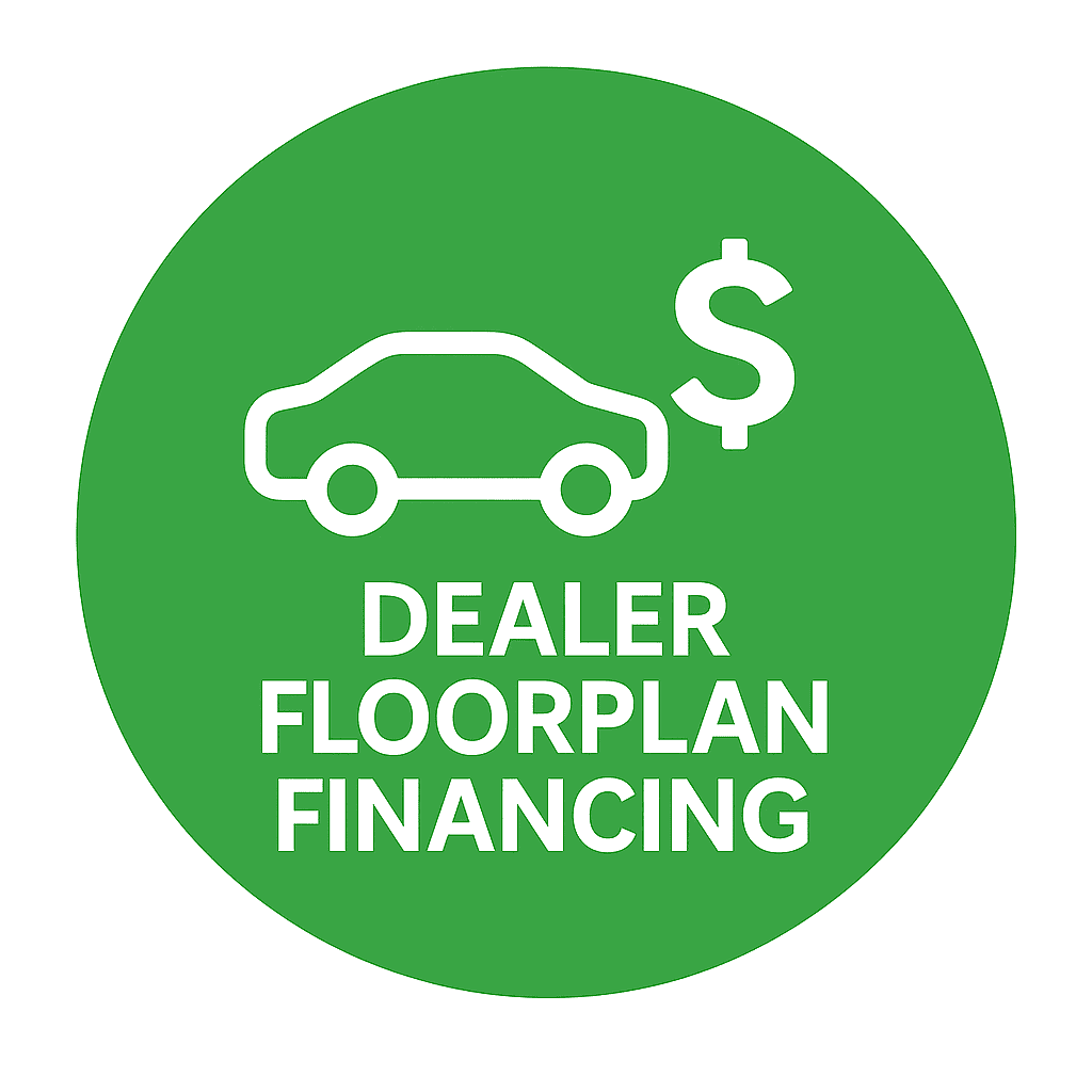 White car and dollar sign inside a green circle representing dealer floorplan financing with RMO Auto Finance.