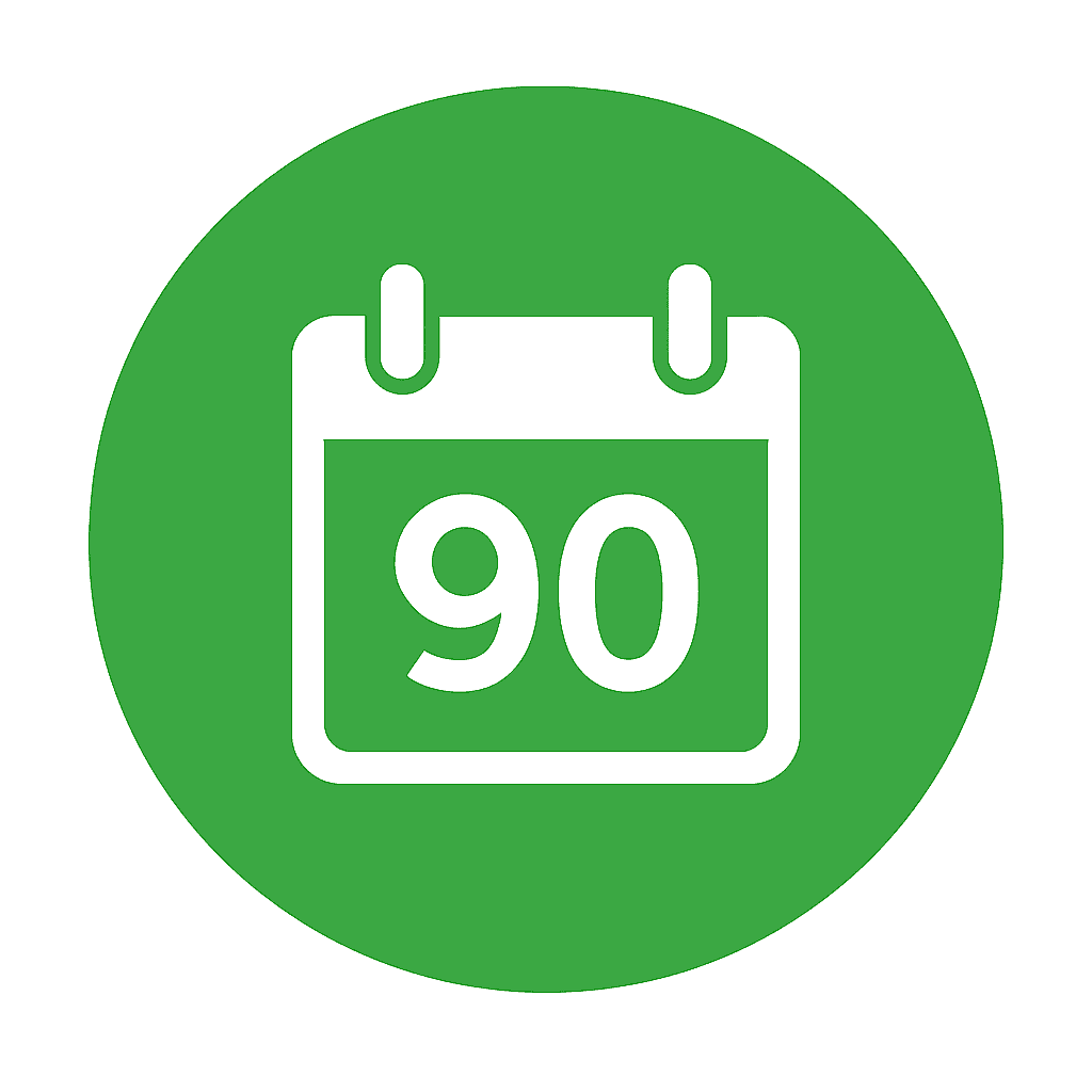 White calendar with “90 Days No Payments” text inside a green circle symbolizing RMO Auto Finance’s business promotion.