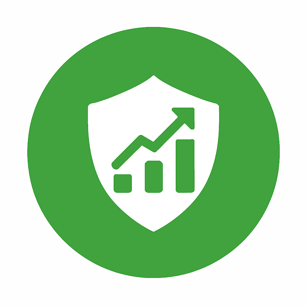 White ascending bar chart with an upward arrow on a green circle background, symbolizing growth and scalable coverage.
