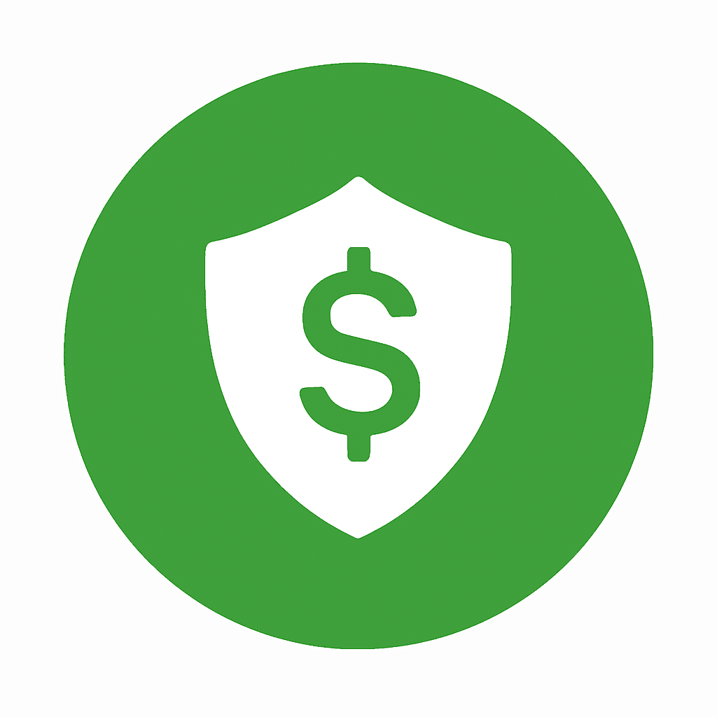White shield with a dollar sign on a green circle background, symbolizing affordable protection and savings.