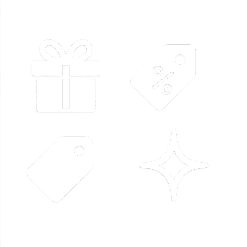 White minimalist icons representing RMO Offers Center — a gift box, price tags with percentage symbol, and a starburst, symbolizing deals, discounts, and rewards on a transparent background.