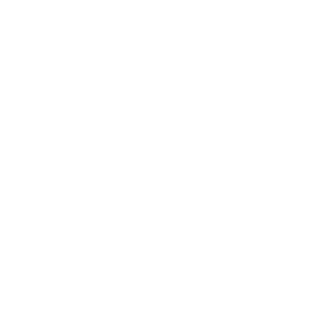 White vector icons representing the General Personal Center on the main RMO website arranged in a 2x2 grid — a gift box for membership and rewards, a bank building for money and finance, a house with a shield for protection and security, and a starburst for excellence and care — displayed on a transparent background in a clean, thick outlined style.