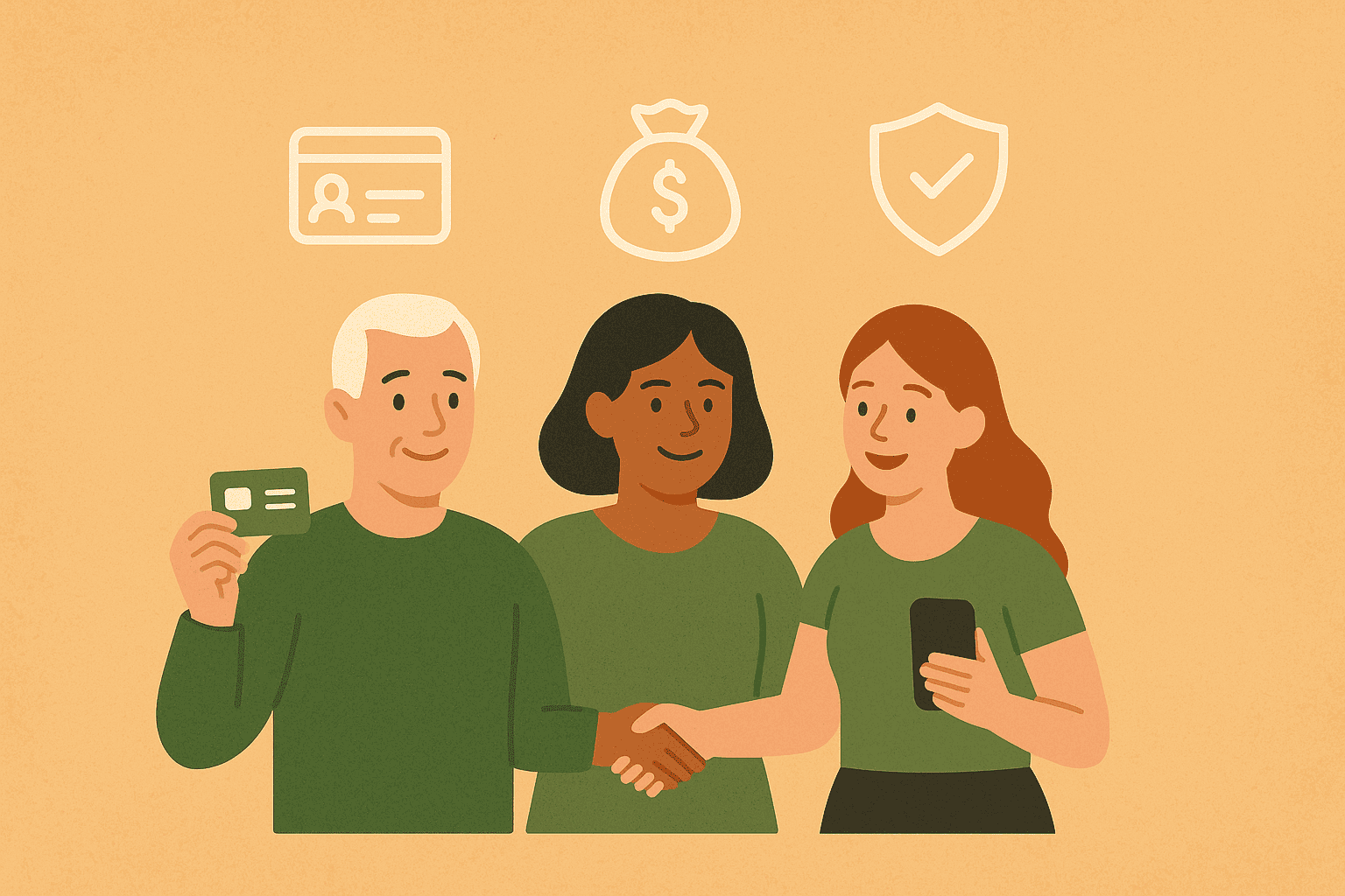 Three diverse people stand together smiling — one holding a membership card, one shaking hands, and one holding a smartphone — with icons of a membership card, money bag, and shield above them, symbolizing connection between RMO’s divisions for membership, money, and protection.