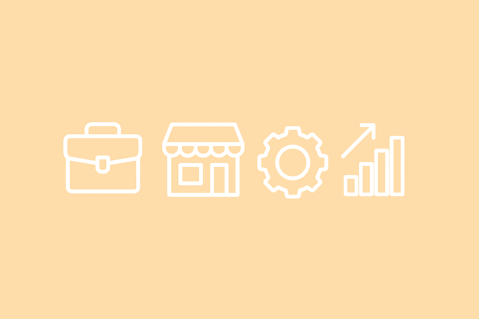 A flat-style digital illustration on a warm beige background features four white outlined icons — a briefcase, storefront, gear, and upward-trending bar graph — symbolizing business products and growth solutions.