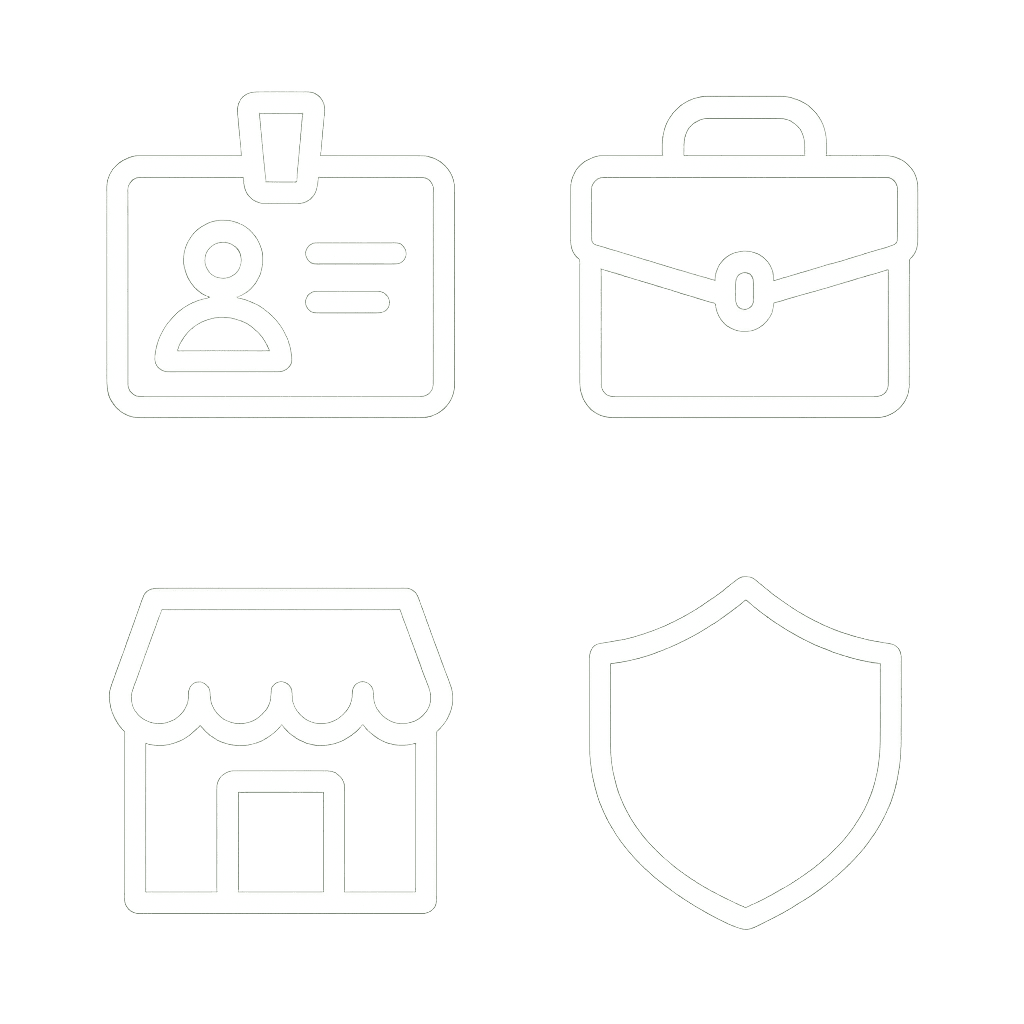 White vector icons representing the RMO Insurance Business Products page arranged in a 2x2 grid — an ID badge for business identity, a briefcase for commercial coverage, a storefront for business property protection, and a shield for overall insurance security — displayed on a transparent background in a clean, thick outlined style.