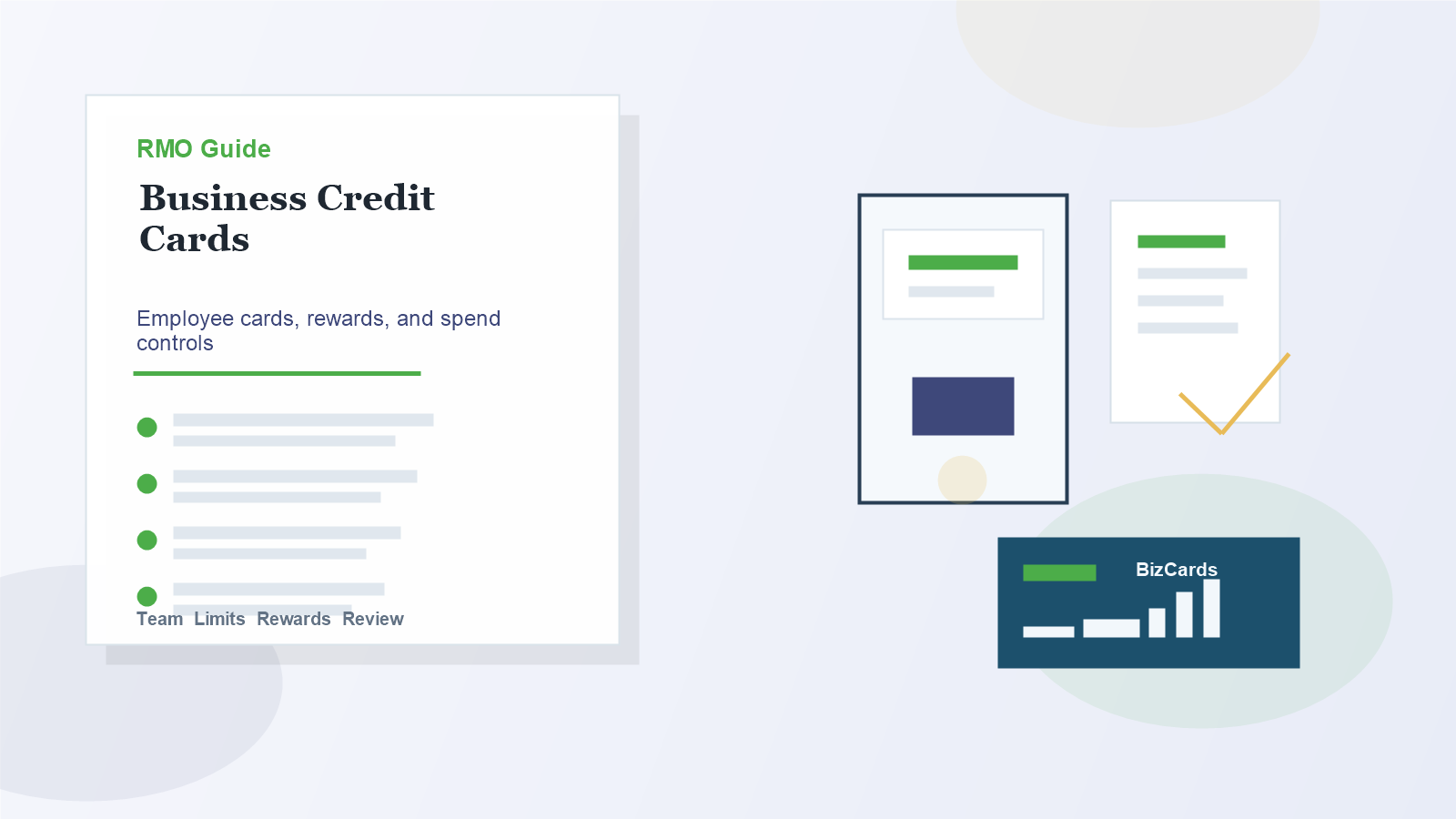 Business credit card checklist graphic with employee cards, spending controls, and rewards chart