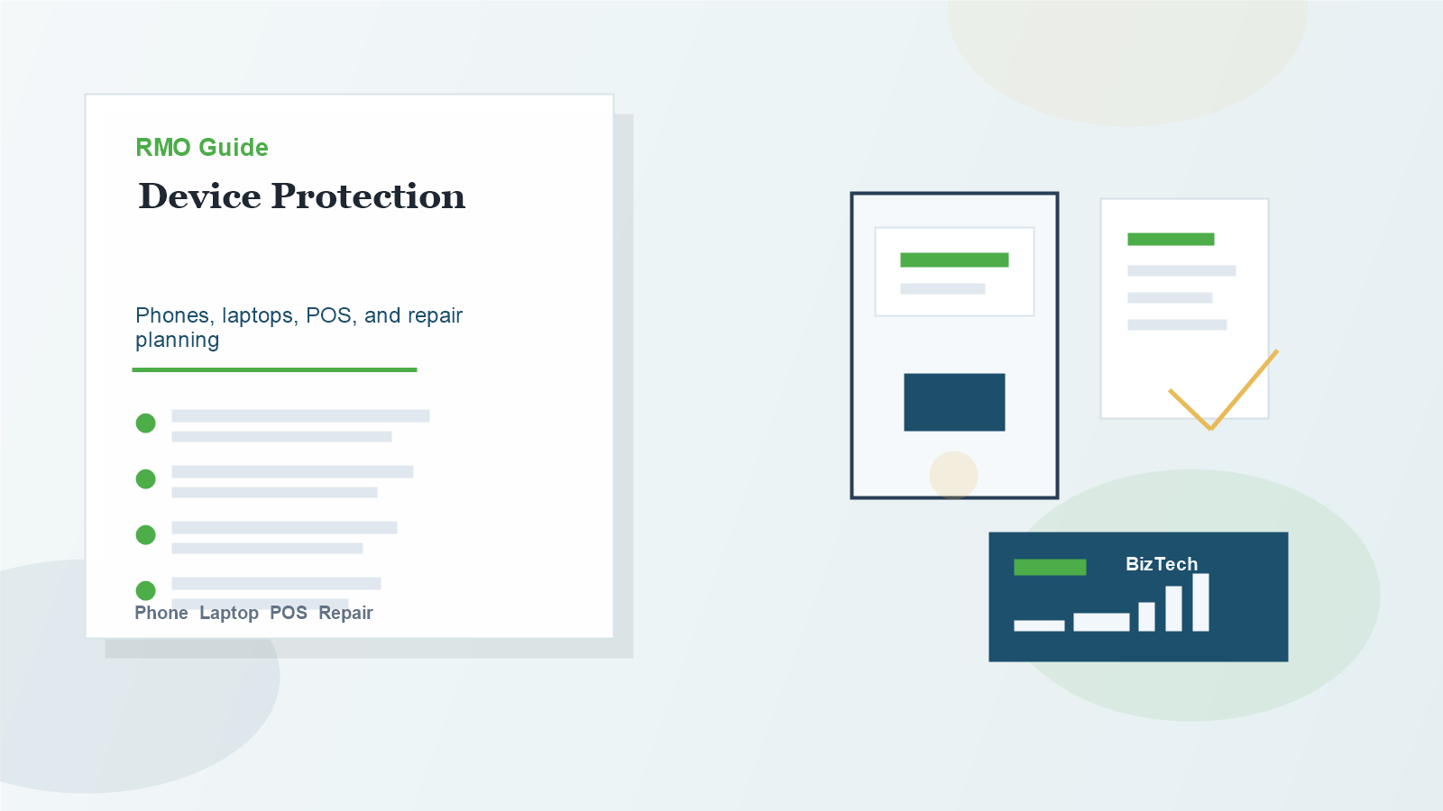 Business device protection checklist graphic with laptop, phone, POS terminal, and coverage shield