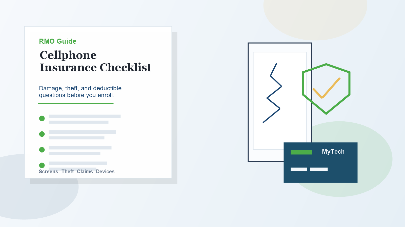 Cellphone insurance checklist graphic with cracked screen icon, shield, and protected devices