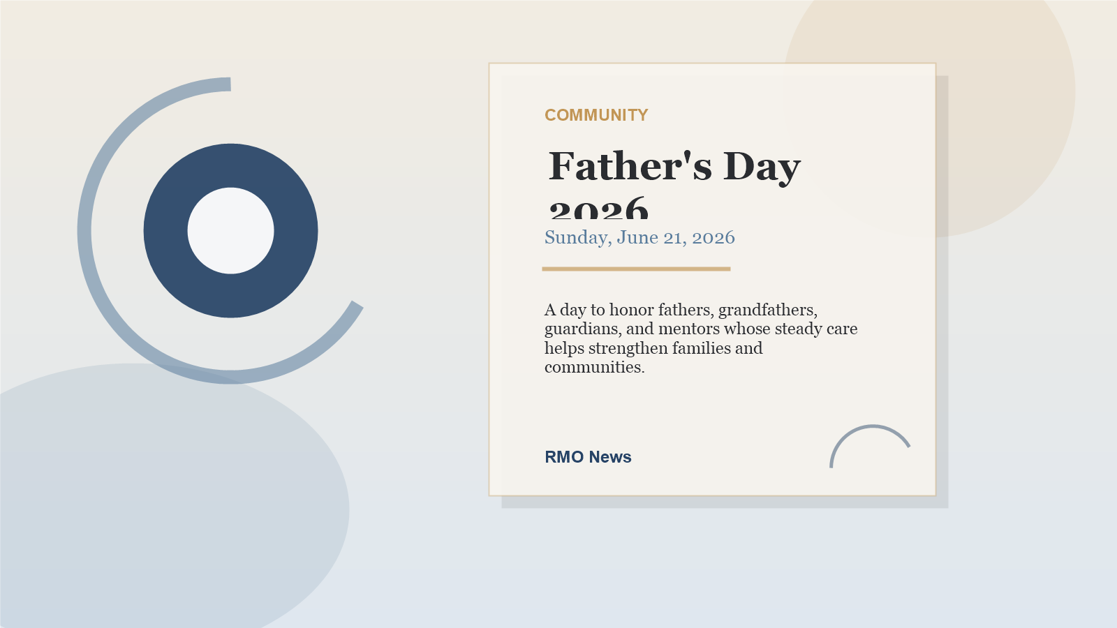 Father's Day 2026 editorial graphic with warm blue and gold shapes, date, and community acknowledgement layout