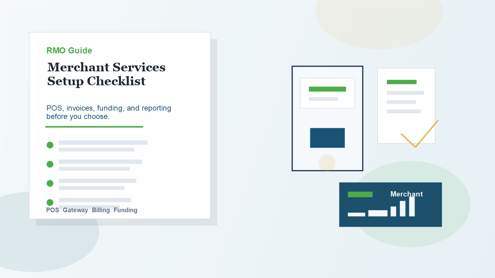 Merchant services setup checklist graphic with payment terminal, invoice, dashboard, and funding arrows
