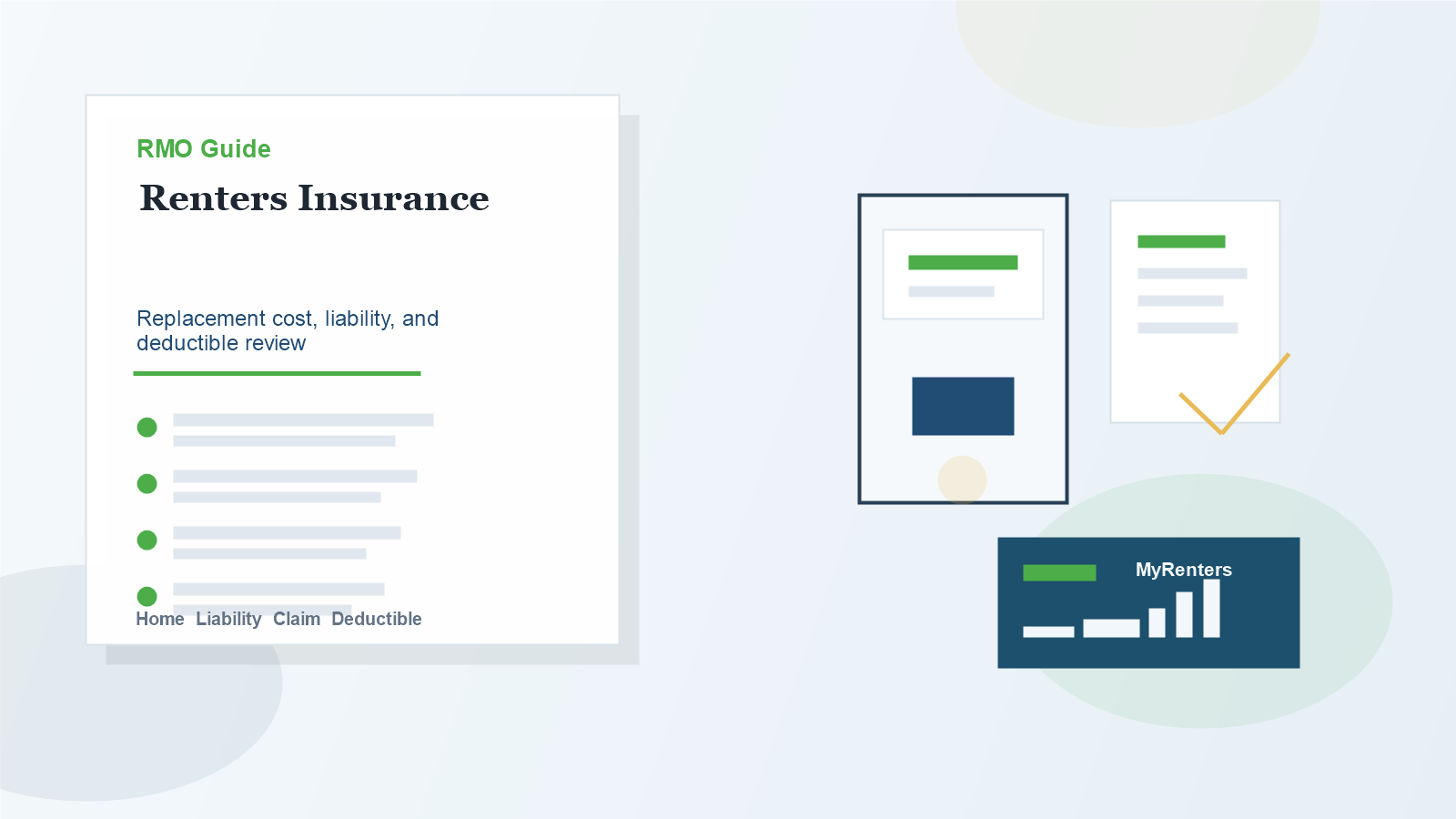 Renters insurance checklist graphic with apartment document, shield, and household items