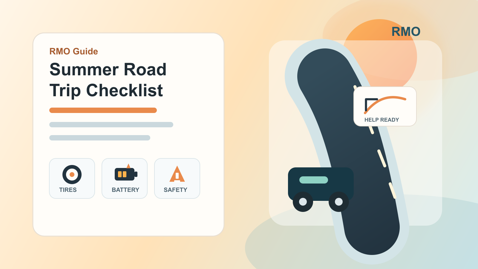 Summer road trip checklist with highway map, tire gauge, battery, and roadside assistance icons