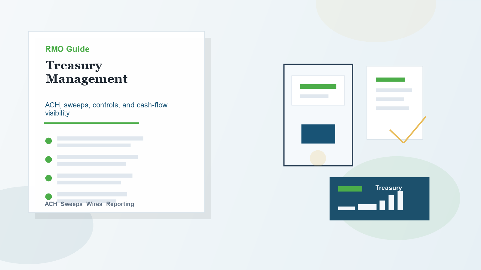 Treasury management checklist graphic with account flow chart, ACH file, and dashboard