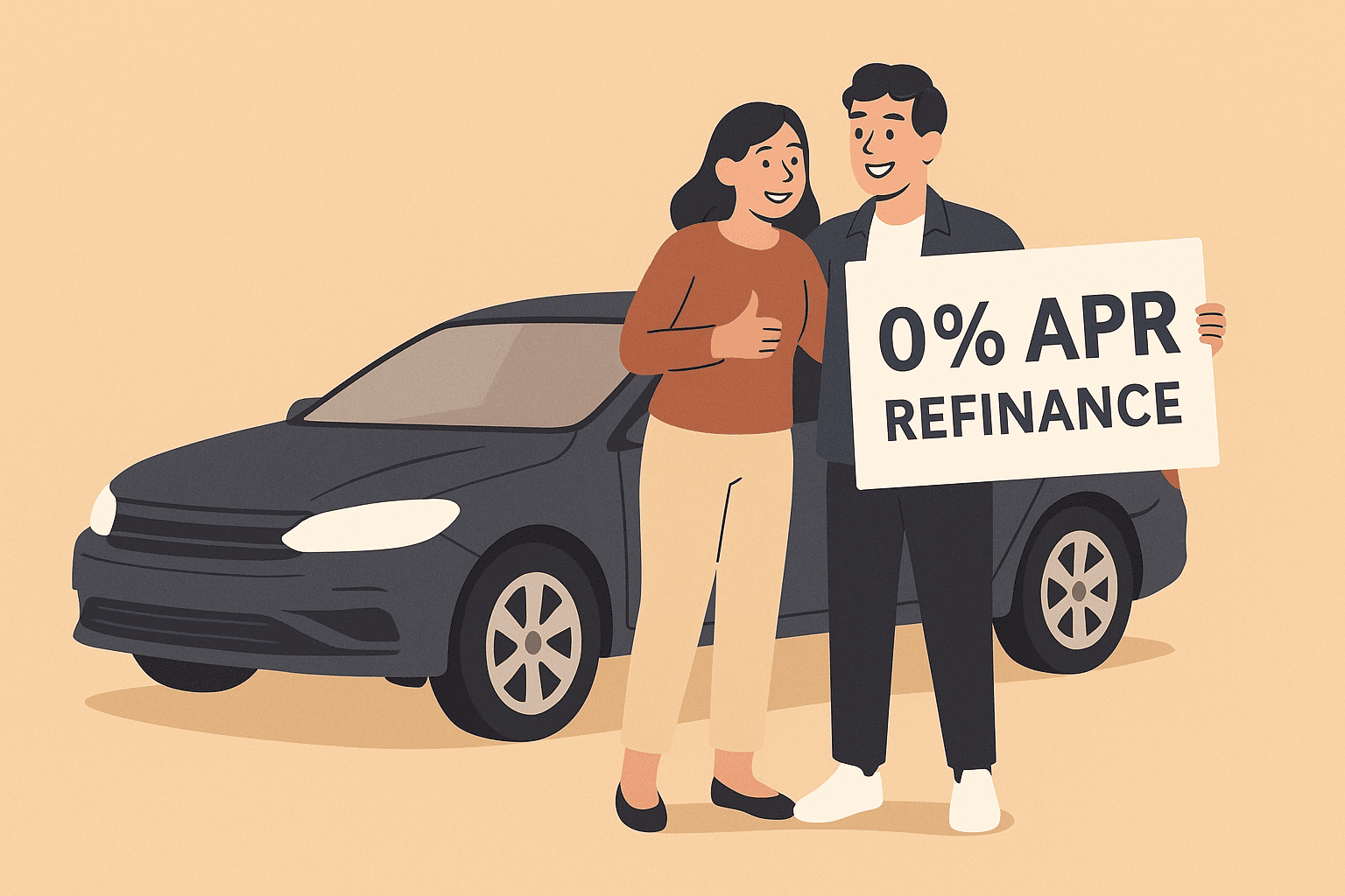 A smiling couple stands beside their dark gray sedan in a warm beige setting, looking proud and happy about their refinanced auto loan, symbolizing savings and satisfaction with zero APR refinancing.