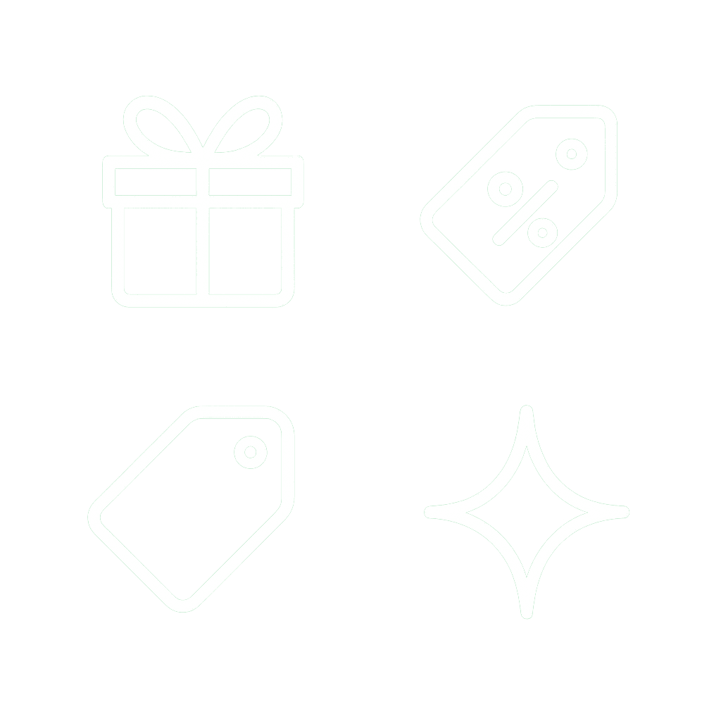 White vector icons arranged in a 2x2 grid representing the RMO Membership Club Personal Membership page — a gift box for rewards, a discount tag for savings, a plain tag for offers, and a sparkle symbol for premium benefits — displayed on a transparent background in a clean outlined style.