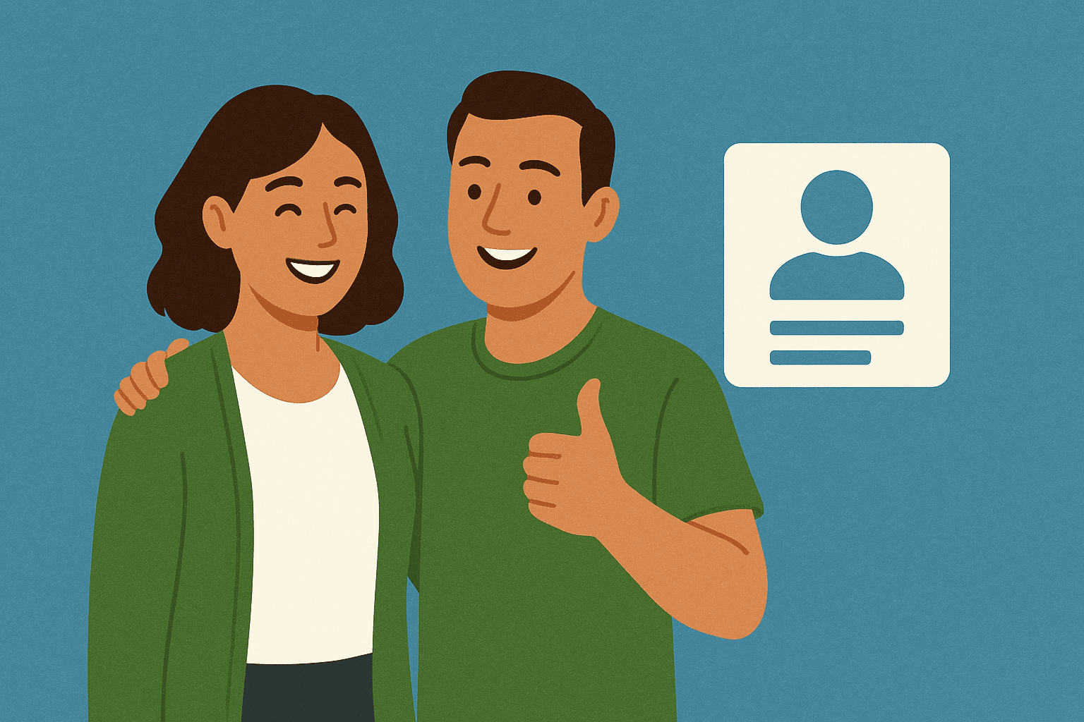 A smiling couple stands together, with the man giving a thumbs-up and the woman resting her arm around him, both dressed in green tones, set against a soft textured blue background, representing warmth, trust, and personal membership connection.