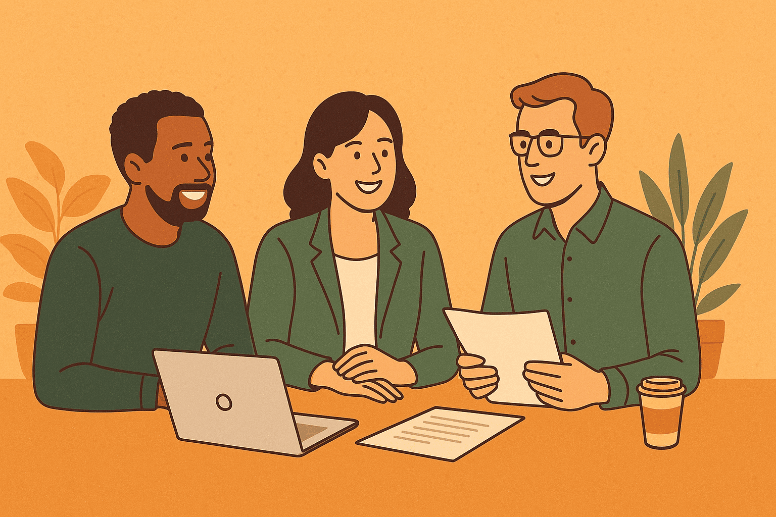 A diverse team of three business professionals sit together at a table, smiling and discussing documents in a modern workspace with warm lighting and plants in the background, representing collaboration, trust, and community for Business Membership.
