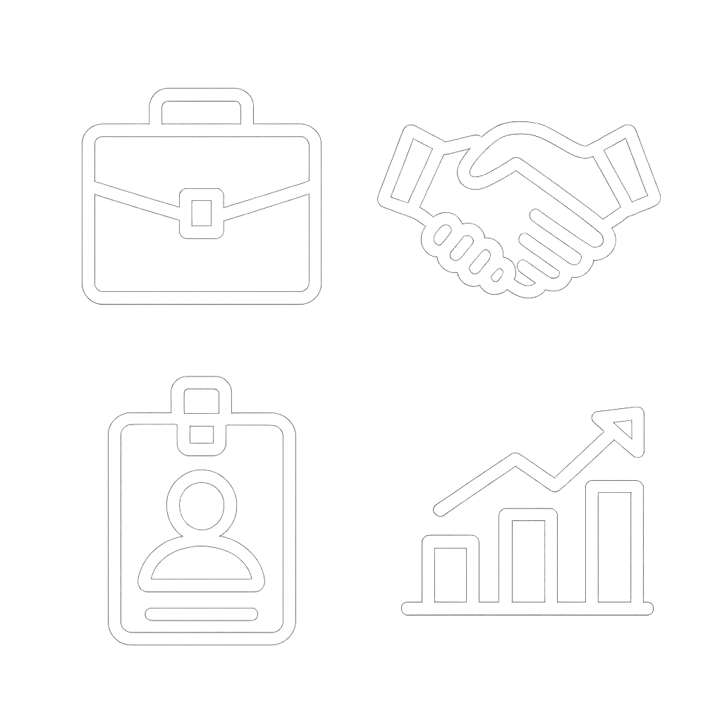 White vector icons representing Business Membership arranged in a 2x2 grid — a briefcase for business benefits, a handshake for collaboration, an ID badge for professional identity, and a bar chart with an upward arrow for growth and success — displayed on a transparent background in a clean, outlined style.