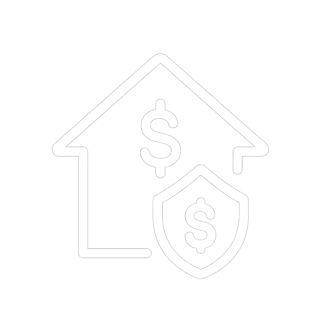 White vector icon of a house with a dollar sign inside, symbolizing home financing and mortgage services, displayed on a transparent background in a clean, minimal outlined style.