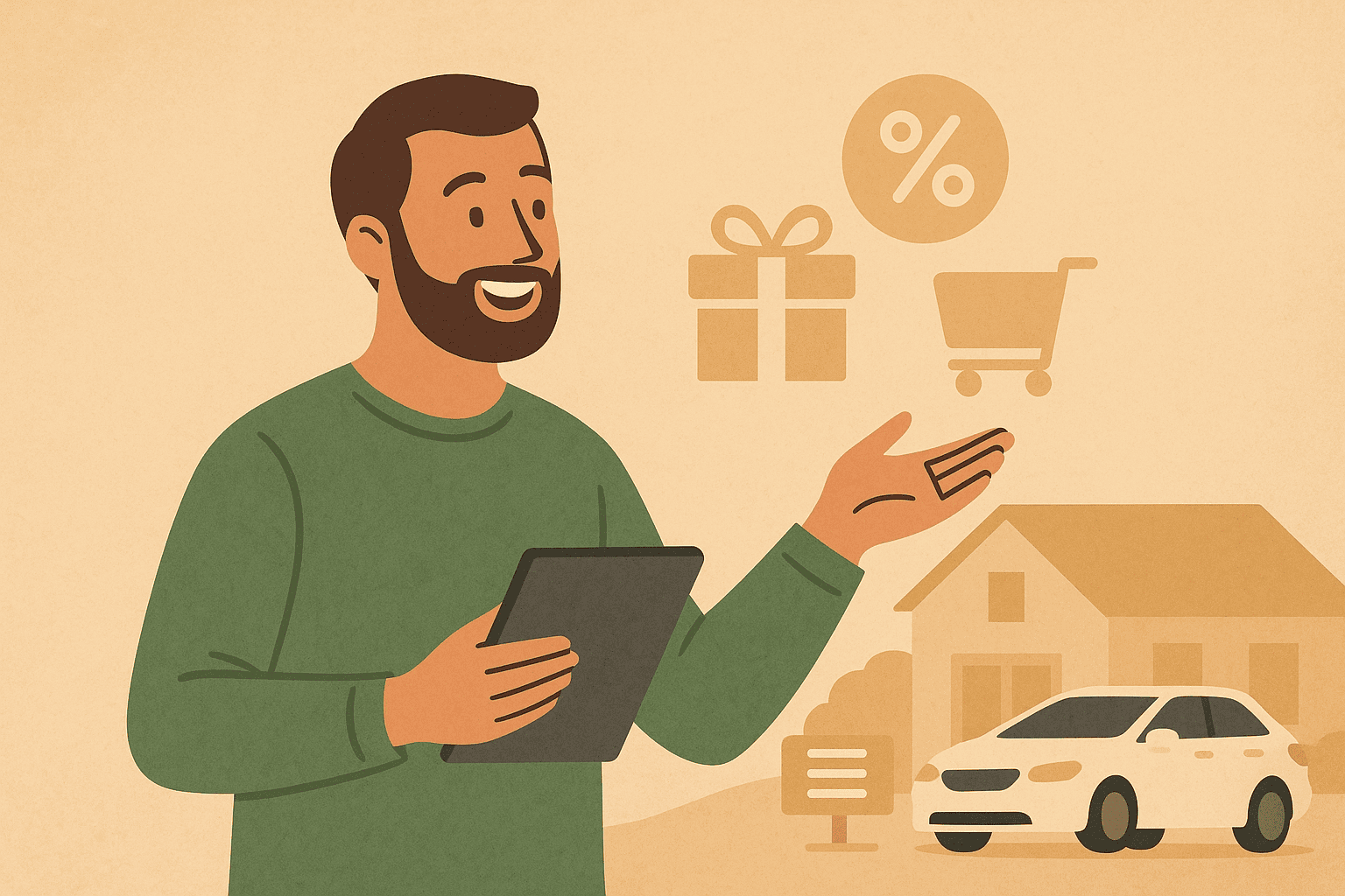 A cheerful man with a beard and green sweater holds a tablet and gestures toward floating icons of a gift, percentage sign, and shopping cart, set against a warm beige background, symbolizing personalized member offers and benefits.