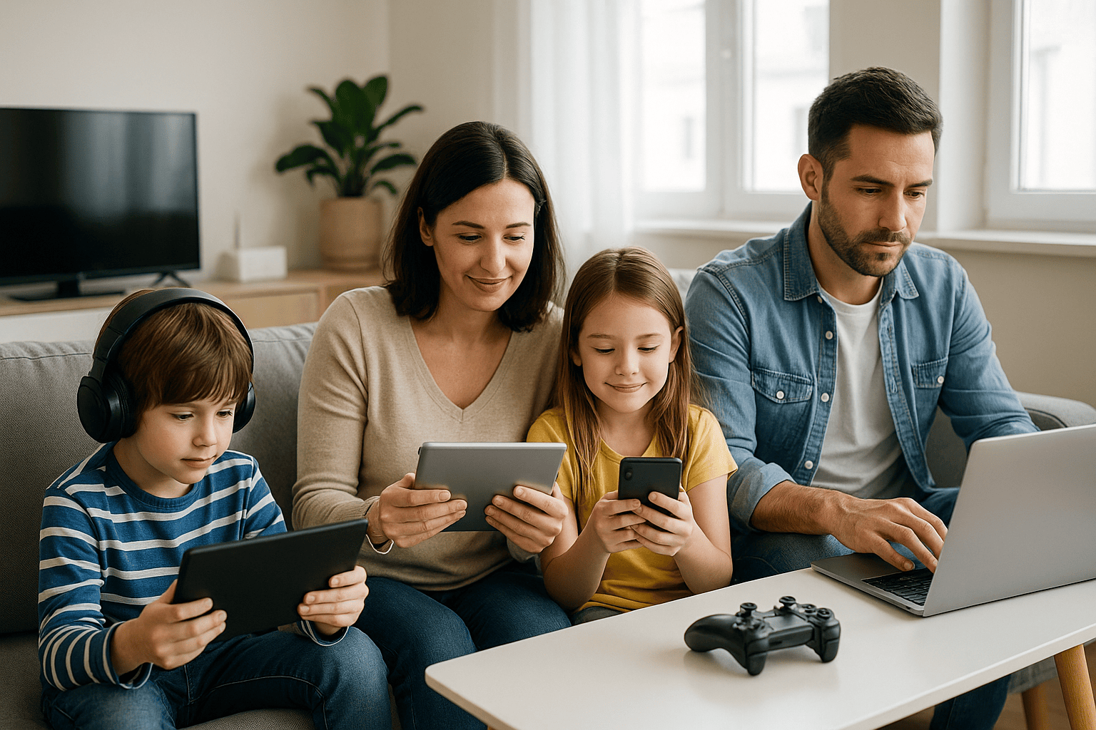 Modern family at home using multiple electronic devices — laptops, tablets, smartphones, and gaming console — representing RMO Protection’s comprehensive coverage for household electronic