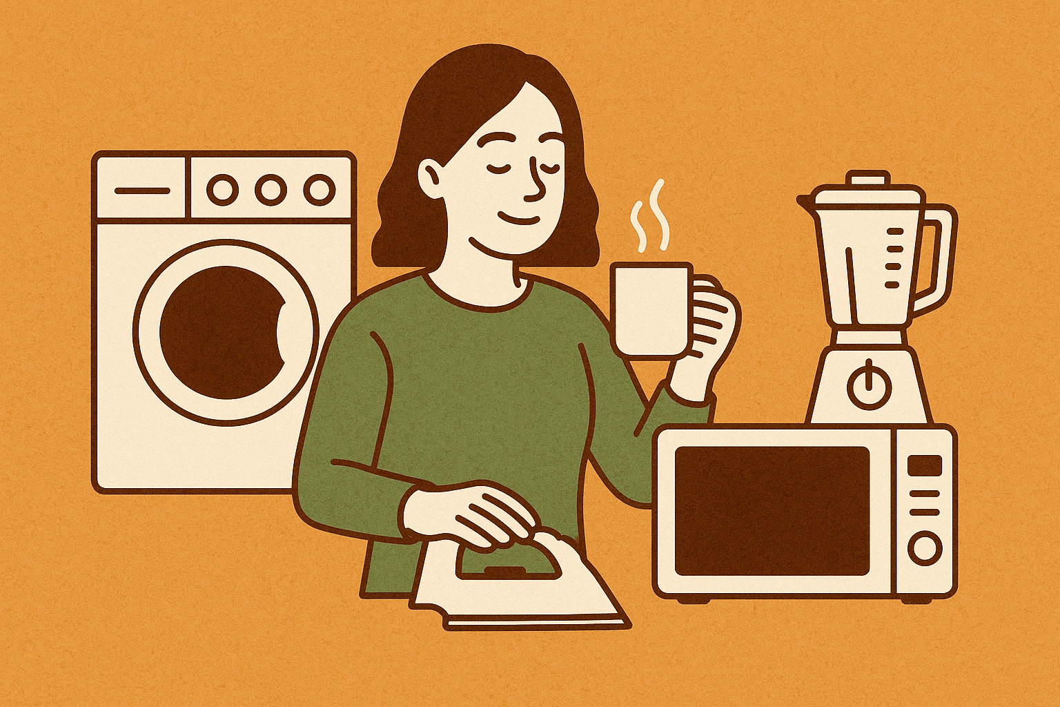 A woman in a green shirt smiles while holding a steaming cup of coffee and using a household iron, surrounded by home appliances including a washing machine, microwave, and blender, set against a warm orange background.