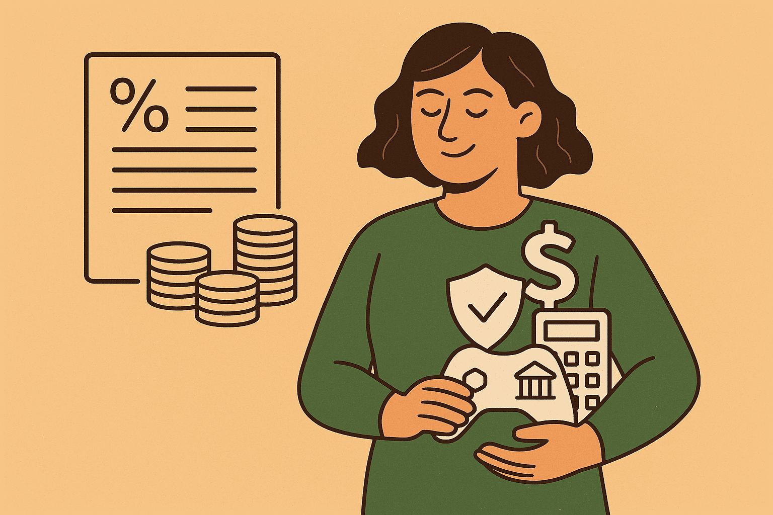 A woman in a green sweater smiles calmly while holding financial symbols including a dollar sign, shield, and calculator, with stacks of coins and a document showing a percentage sign beside her, representing financial protection and security.