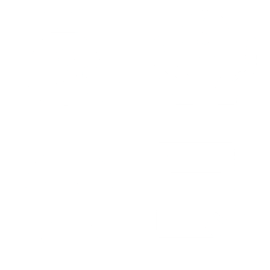 White vector icons of common household appliances arranged in a 2x2 grid — refrigerator, washing machine, microwave, and oven — on a transparent background in a minimal modern style.