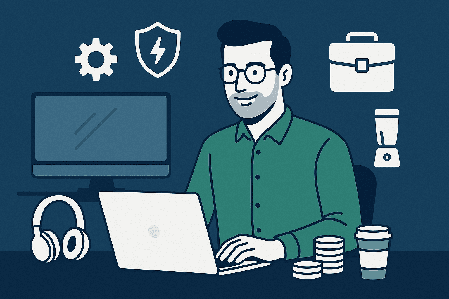 A man wearing glasses and a green shirt works at a laptop in an office setting, surrounded by business electronics including a monitor, headphones, coffee cup, and digital icons of a shield, gear, and briefcase, symbolizing business technology protection.