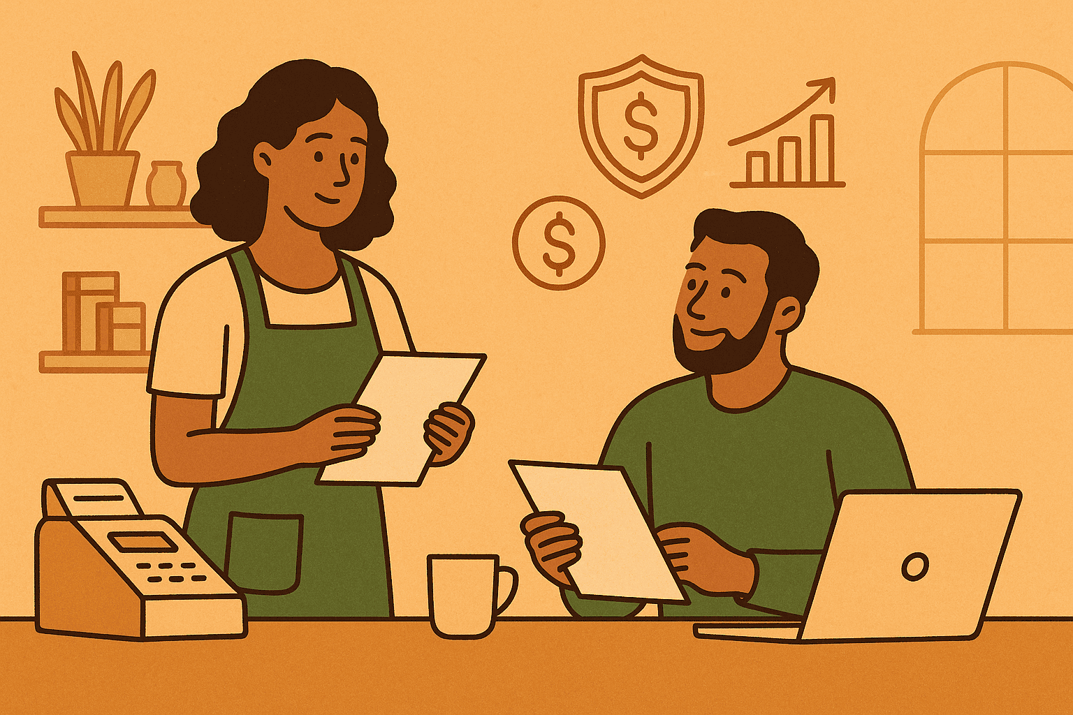 An illustration of two small business owners reviewing financial documents together at a counter. One person wears an apron and holds a paper, while the other sits with a laptop and a cup nearby. Symbols of financial growth, shields, and dollar signs appear in the background, representing business financial protection and stability.