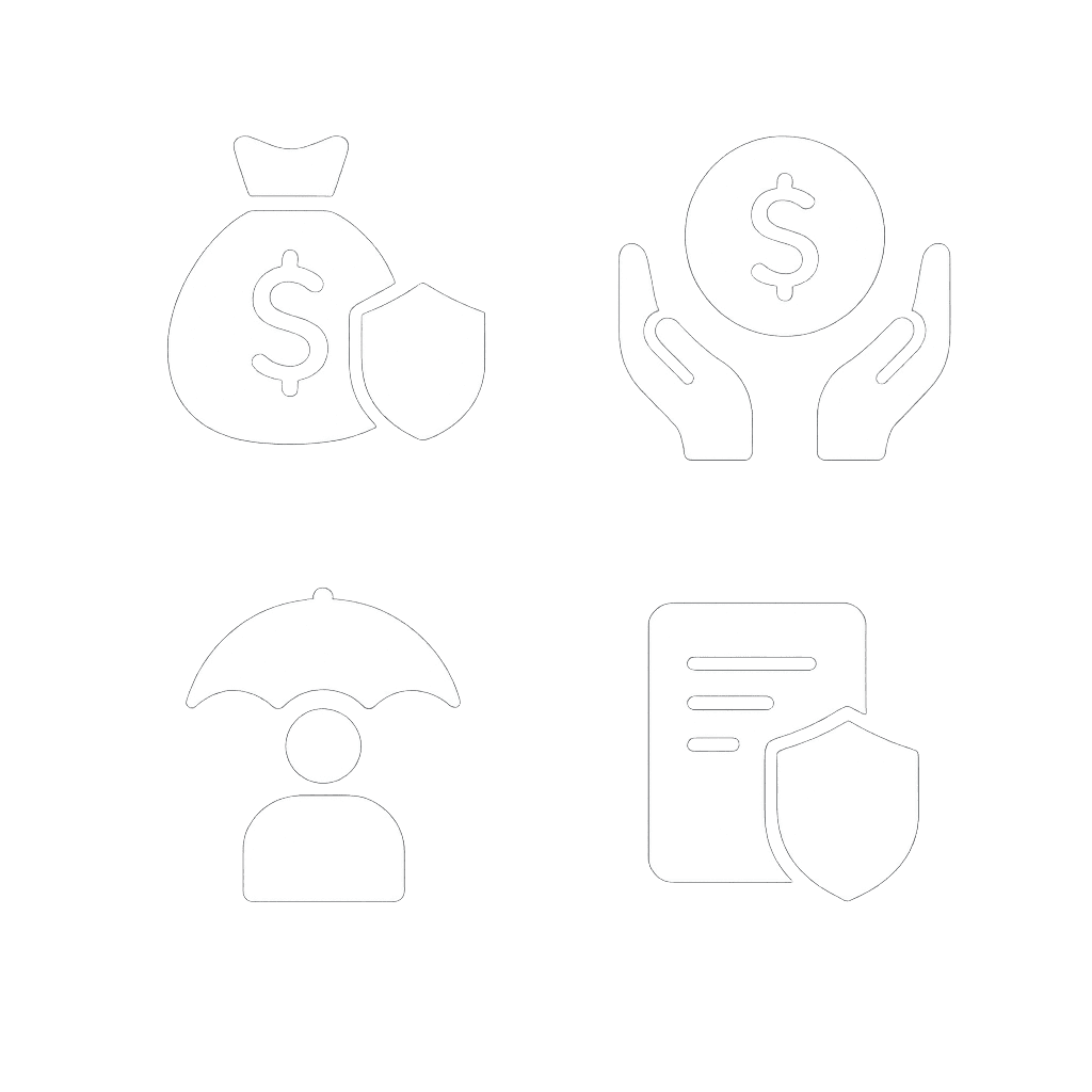 White vector icons in a 2x2 grid representing Business Financial Protection — a money bag with shield for expense protection, hands holding a dollar coin for income stability, a person under an umbrella for employee coverage, and a document with shield for business continuity — on a transparent background in a clean minimal style.