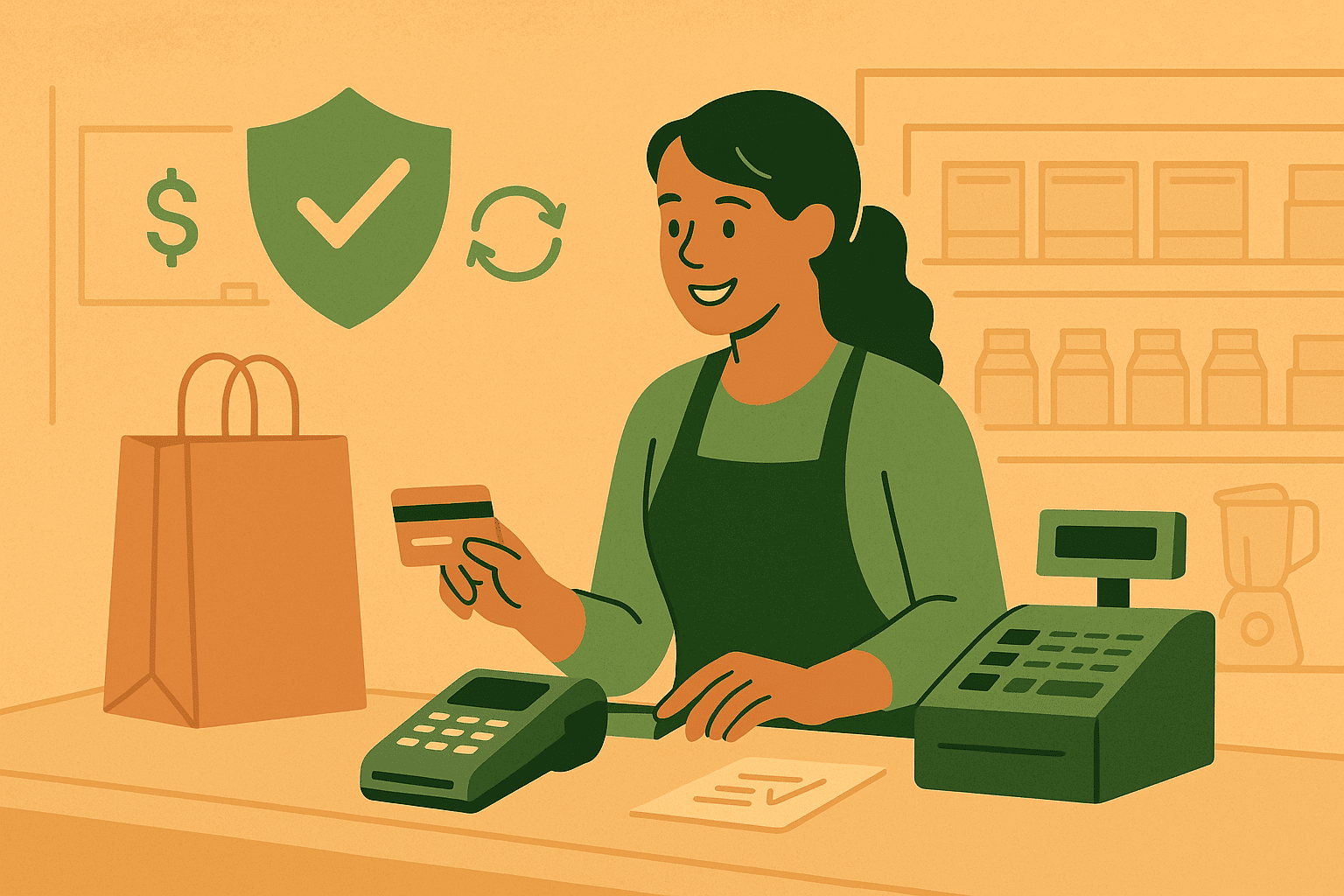 A woman wearing a green apron smiles while processing a payment at a shop counter, holding a credit card near a payment terminal with a cash register and shopping bag beside her, symbolizing secure transactions and chargeback protection in a warm, inviting retail setting.