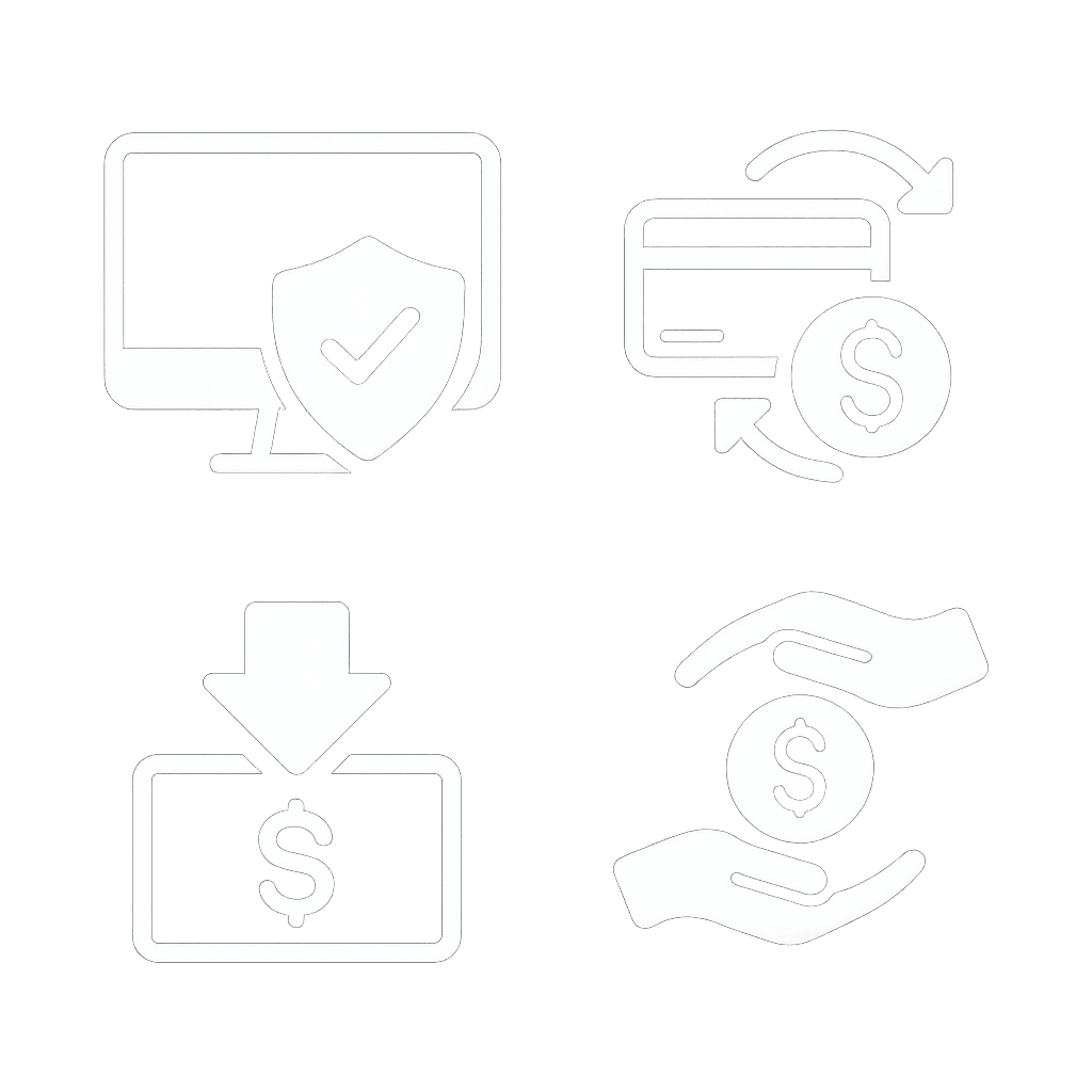 White vector icons representing Business Chargeback Protection arranged in a 2x2 grid — a computer with a shield for secure payments, a credit card with circular arrows for chargeback management, a dollar sign with a downward arrow for refunds, and two hands exchanging a coin for financial trust — displayed on a transparent background in a clean, minimal style.