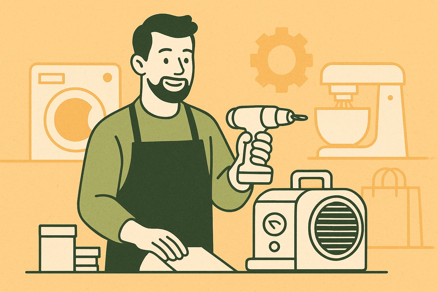 A smiling technician wearing a green shirt and dark apron holds a power drill while standing at a workbench surrounded by various business equipment such as a washing machine, mixer, and air compressor, symbolizing protection for tools, machinery, and non-electronic assets in a warm beige workshop setting.