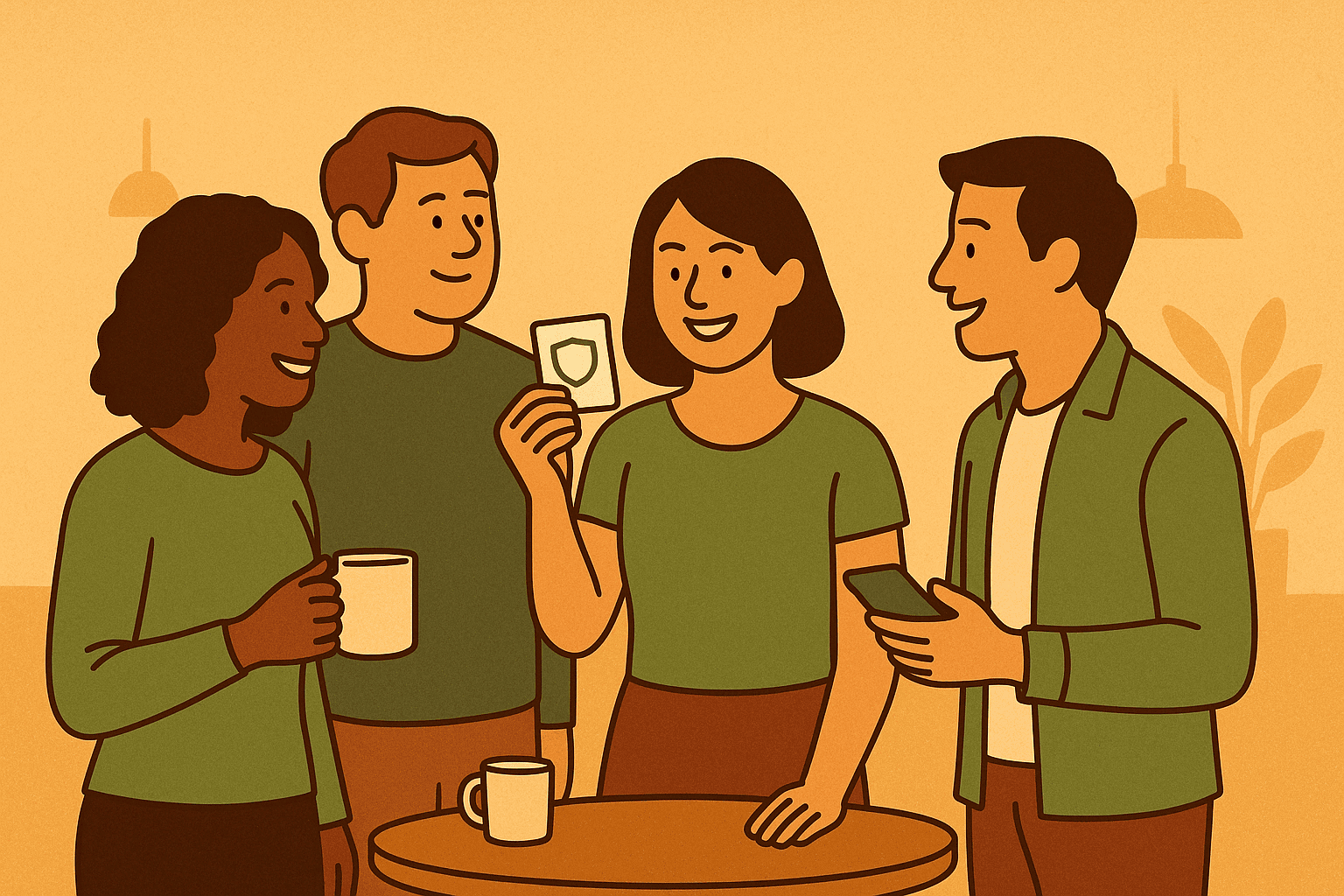 A diverse group of four people enjoy coffee and conversation in a cozy modern café, smiling and connecting around a small table with warm lighting and a textured orange background, representing community and belonging for RMO Membership Club members.