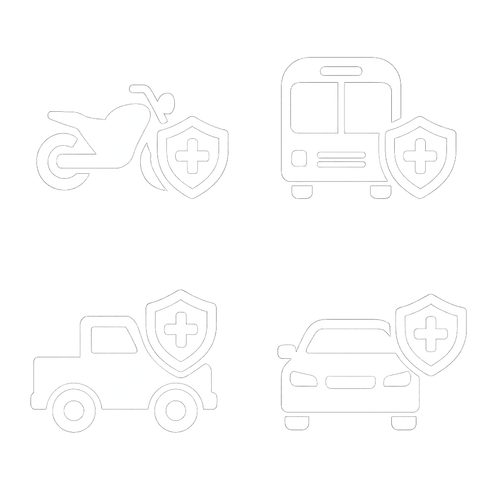 White vector icons representing the Personal Vehicle Protection Plan arranged in a 2x2 grid — a motorcycle with a shield, a bus with a shield, a pickup truck with a shield, and a car with a shield — symbolizing protection for various types of vehicles on a transparent background in a clean, minimal style.