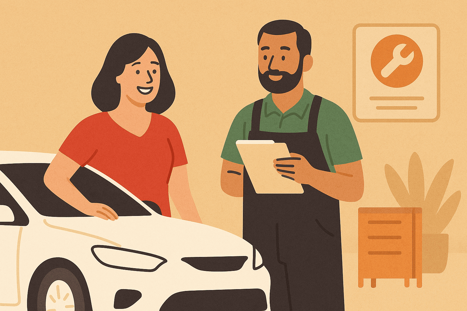 A smiling woman stands beside her white car while a friendly mechanic holding a clipboard talks with her in a warm, well-lit auto shop, representing dependable coverage for maintenance and unexpected vehicle repairs.