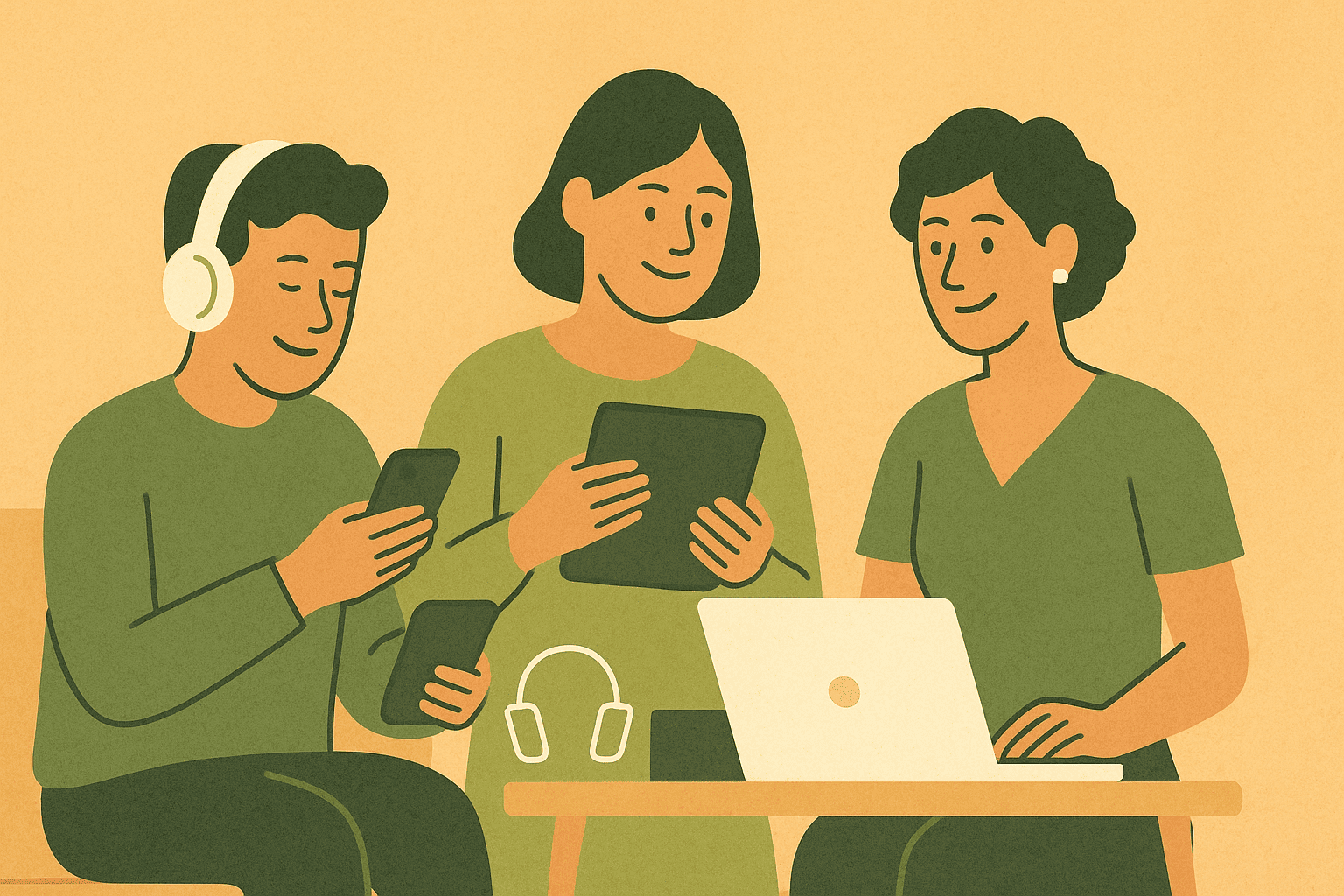 Three smiling people sit together using personal electronics — one with headphones and a phone, another holding a tablet, and the third using a laptop — set against a warm beige background, representing protection for everyday devices.