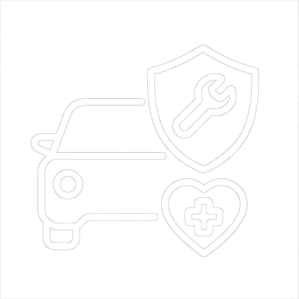White vector icon representing RMO Roadside — a car beside a shield with a wrench inside, symbolizing vehicle repair and roadside assistance — displayed on a transparent background in a clean, minimal outlined style.