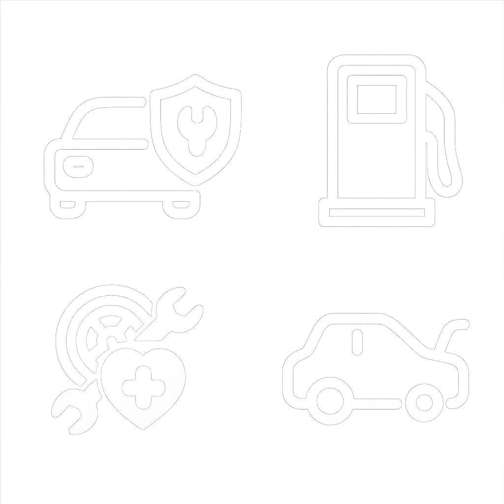White vector icons representing Personal Roadside Assistance Plans arranged in a 2x2 grid — a car with a shield and wrench for repair coverage, a gas pump for fuel delivery, a wheel with tools for tire service, and a car with an open hood for breakdown assistance — displayed on a transparent background in a clean, minimal outlined style.