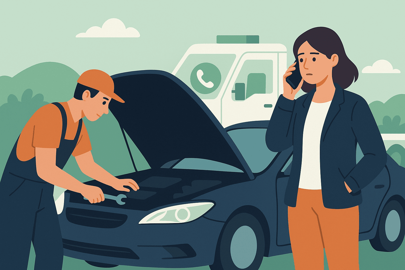 A concerned woman stands beside her car with the hood open, speaking on her phone while a friendly roadside technician works on the engine, with a tow truck and rolling hills in the background, symbolizing quick and reliable roadside assistance.