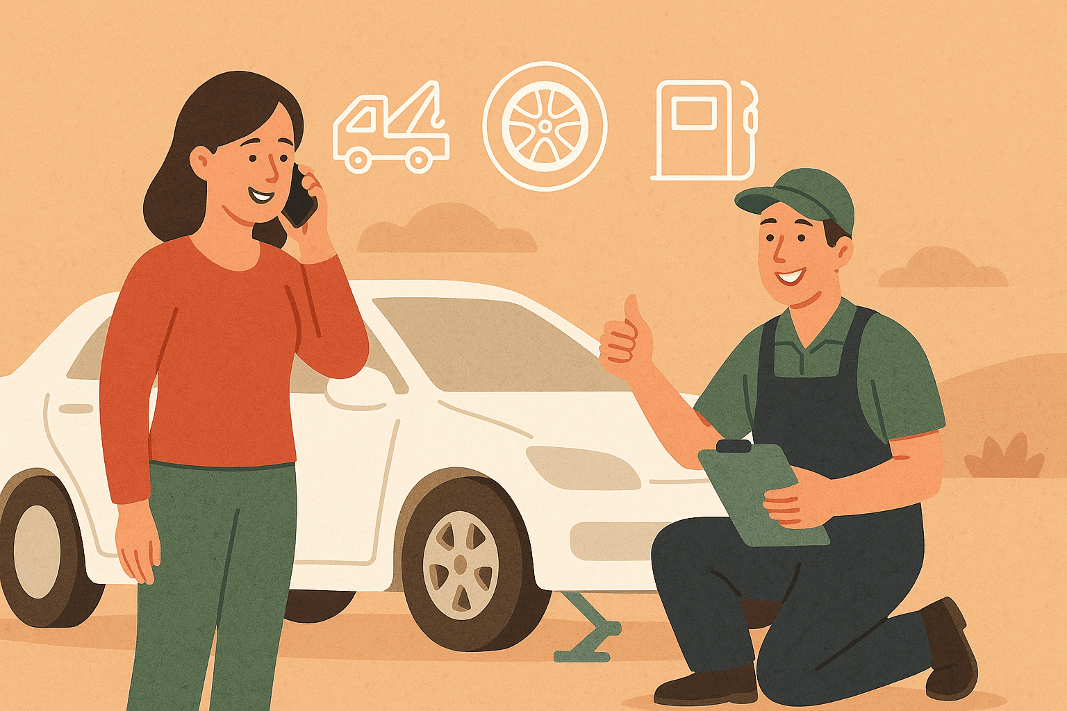 A smiling roadside technician kneels beside a white car while changing a tire, giving a thumbs-up to a woman on her phone who stands nearby, set against a warm beige background that conveys reliability and friendly roadside support.